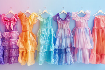 Assorted dresses of various colors neatly aligned and hanging on a wall, creating a vibrant display