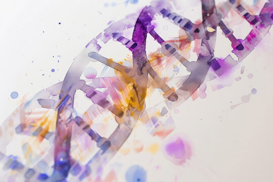 An artistic rendition of a DNA helix painted with vibrant watercolor splashes, symbolizing the fusion of science and art