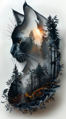 Feline Silhouette with Forest Double Exposure
