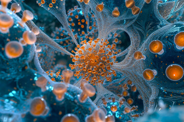 Virus infected cell walls,  corona virus, surrounded cells, intricately detailed patterns, orange and blue. 

