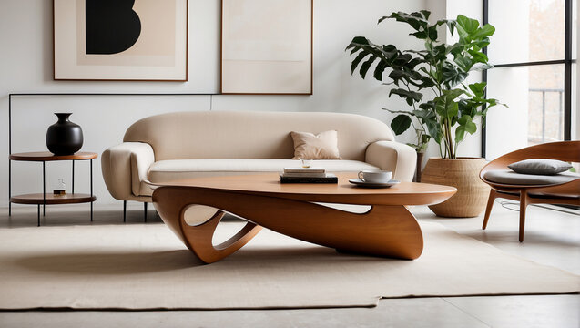 Interior de casa moderna y elegante con una mesa Noguchi en el centro, frente a un sill&oacute;n, con l&aacute;mparas y cuadros junto a una ventana iluminada.