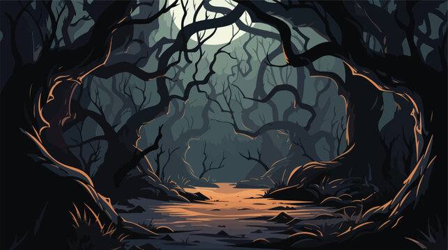A spooky forest with twisted trees