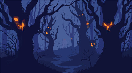 A spooky forest with twisted trees and glowing eyes.
