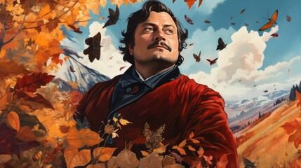 A man in a red jacket is standing in a field of autumn leaves. The leaves are falling around him, and there are butterflies in the air. The scene is serene and peaceful