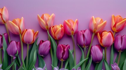 Top view of vibrant tulips on pink pastel background. Copy space for Ad