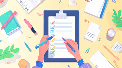 The concept of Checklist day. Time management, concept. Planning and scheduling. Effective workflow, paperwork, office day and deadline. Planning the day writing a to do list checklist