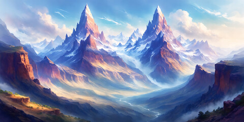 A beautiful illustration of a mountain range with a valley between the mountains. The mountains are covered in snow. The scene is breathtaking and captures the majestic beauty of the landscape.