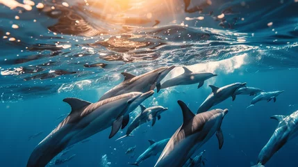 Foto op Canvas A group of adorable and intelligent dolphins gracefully swim in the ocean, their sleek bodies gliding effortlessly through the water © Marry