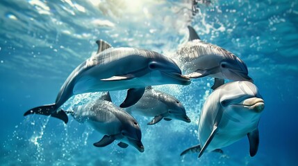 A group of adorable and intelligent dolphins gracefully swim in the ocean, their sleek bodies gliding effortlessly through the water