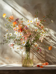 
Delicate spring flowers bouquet in glass vase on table, soft shadows on wall
