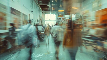 Creative workspace, blurred movement of busy creatives, energizing environment
