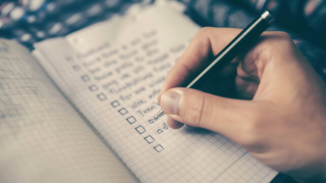 The concept of Checklist day. Time management, concept. Planning and scheduling. Effective workflow, paperwork, office day and deadline. Planning the day writing a to do list checklist