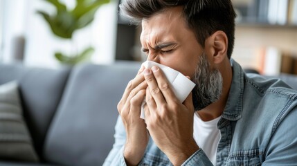 Close up of sick man using tissue to blow his nose for flu relief and discomfort - obrazy, fototapety, plakaty