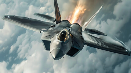 Jet fighter F-22 Raptor flying fast through the blue sky and orange glow of its engines