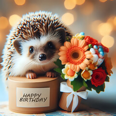 Hedgehog with a bouquet of flowers. Greeting card, happy birthday, in English.