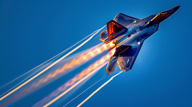 Jet fighter F-22 Raptor flying fast through the blue sky and orange glow of its engines