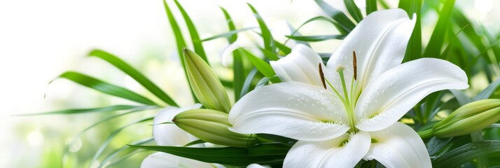 Elegant funeral lily on white background with generous space for custom text placement - obrazy, fototapety, plakaty