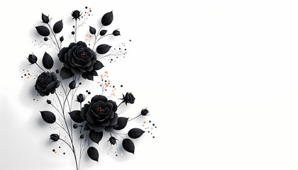 A delicate center of black rose and floral arrangement in the far left corner against a white...