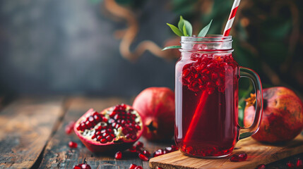 Pomegranate Juice in mason jar with Pomegranate fruits on top of a table - obrazy, fototapety, plakaty