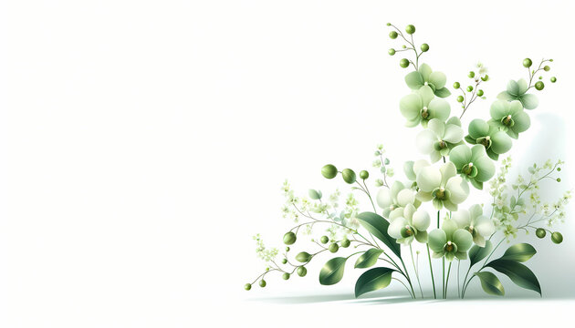 Design a delicate green floral arrangement in the far right corner against a white background only with a 16:9 aspect ratio. The composition should feature detailed green Orchid 