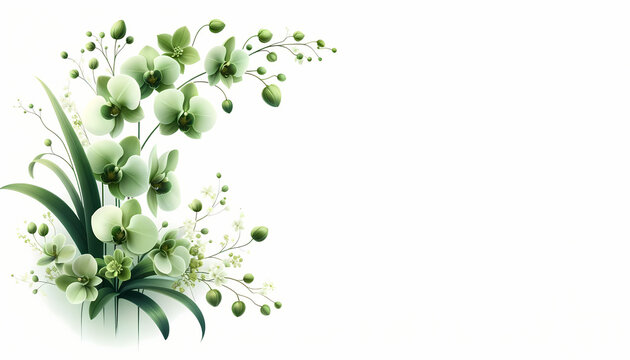 Design a delicate green floral arrangement in the far left corner against a pure white background with a 16:9 aspect ratio. The composition should feature detailed green Orchids