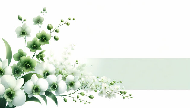 Design a delicate green floral arrangement in the far right corner against a pure white background with a 16:9 aspect ratio. The composition should feature detailed green Orchids with small green 