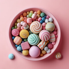 Fototapeta na wymiar top view colorful candies composition of different colored sweet and delicious candies on pink desk - generated by ai