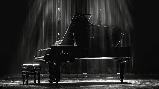 A dramatic, monochrome image of a grand piano, highlighting the contrast of its black and white keys