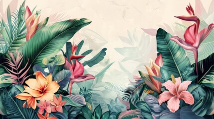 Tropical background. Exotic Landscape, Hand Drawn Design. Luxury Wall Mural. Leaf and Flowers...