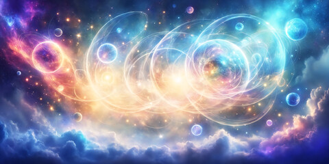 Fototapeta premium A colorful and vibrant scene featuring a sky filled with numerous glowing and sparkling planets. The colors are so vivid that they appear to be floating in the air.