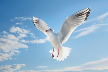 Detailed close-up photo of a seagull in flight against a blue sky 
