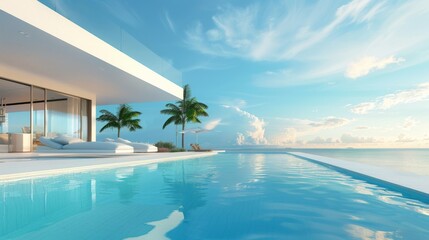Seascape from an expensive hotel. A white modern hotel with a clean swimming pool