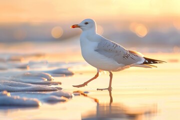 close-up of a seagull walking on the beach, beautiful seascape 
