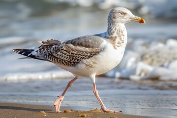 Fototapeta premium close-up of a seagull walking on the beach, beautiful seascape 