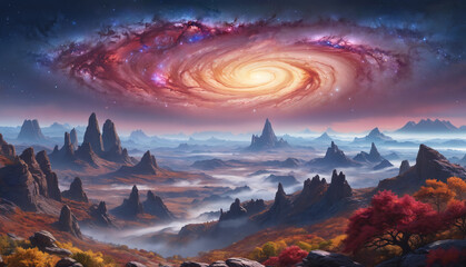 A fantastical landscape featuring a spiral galaxy, a large hills and mountains in the background. The hills appears to be covered in fog, adding to the otherworldly atmosphere of the scene.