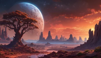 Peel and stick wallpaper Bordeaux A desert alien landscape with a tree, a moon and a cloudy sky. The scene is set against a backdrop of mountains, creating a striking and otherworldly atmosphere.