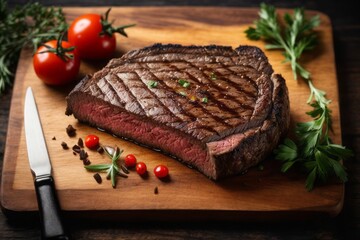 grilled beef steak on wooden board, delicious restaurant food menu