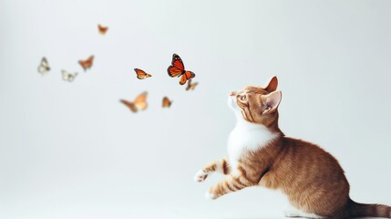 A cat is chasing a group of butterflies on white background. Little cat is playing with butterfly.
