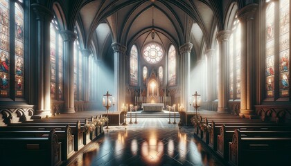 Tranquil church interior on Holy Saturday, capturing the solemn anticipation of Easter morning in soft light - obrazy, fototapety, plakaty