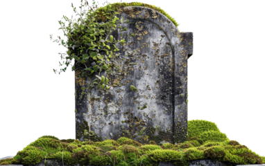 Dilapidated Tombstone Covered in Moss Isolated on Transparent Background PNG.