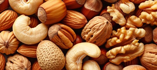 Assorted nuts creating a natural background, top view composition of various nut types