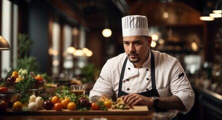 Gourmet chef in uniform cooking in luxury restaurant kitchen preparing food
