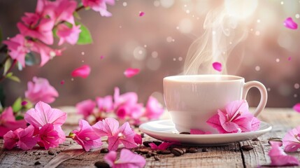 Fototapeta na wymiar A magical cup of coffee or tea with beautiful flowers. 