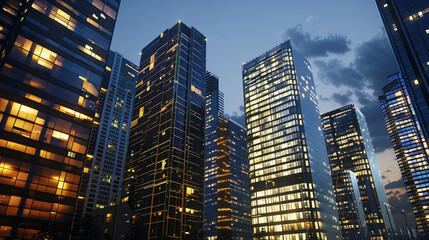 Fototapeta premium Illuminated Office Buildings at Night Representing Business Activity