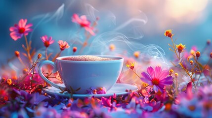 A magical cup of coffee or tea with beautiful flowers.  - obrazy, fototapety, plakaty