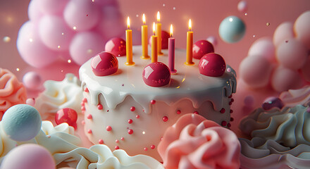 Birthday cake with candles, 3d rendering style 