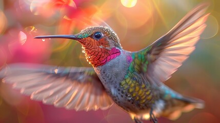 Obraz premium Hummingbird's eye, colorful hummingbird close up. energy and motion captured in a moment of stillness