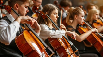 Symphonic orchestra playing classical music concert on stage in professional live performance