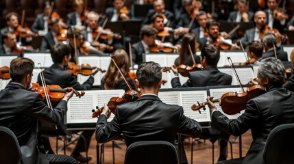Symphonic orchestra performing classical music concert on stage with precision and elegance - obrazy, fototapety, plakaty