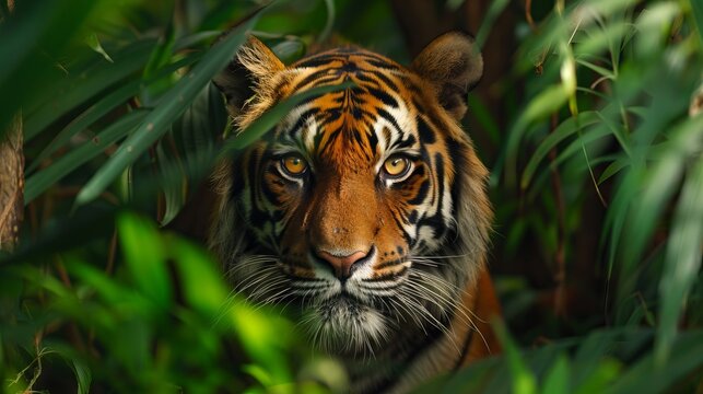 Tiger's eye, fiery and soulful, amidst dense jungle foliage, a glimpse into the wild